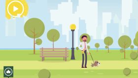 Illustration of a man walking a dog in a city park