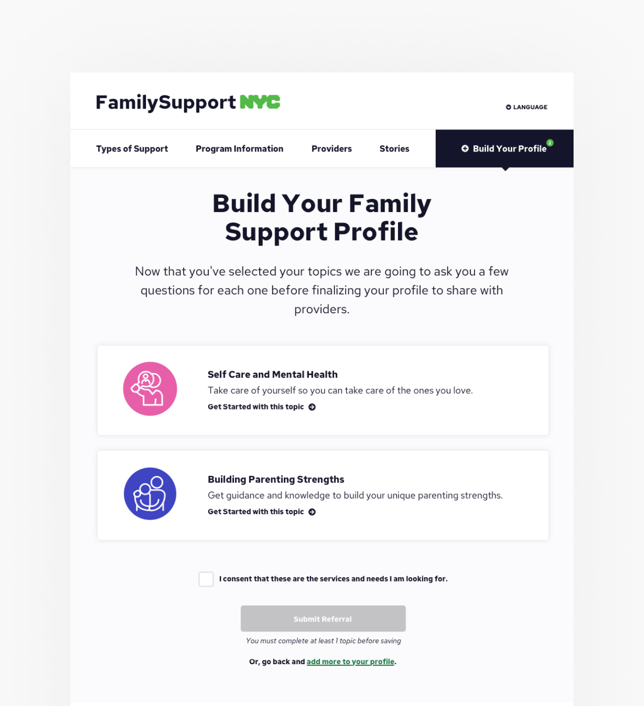 family support nyc build profile screen with selected topics