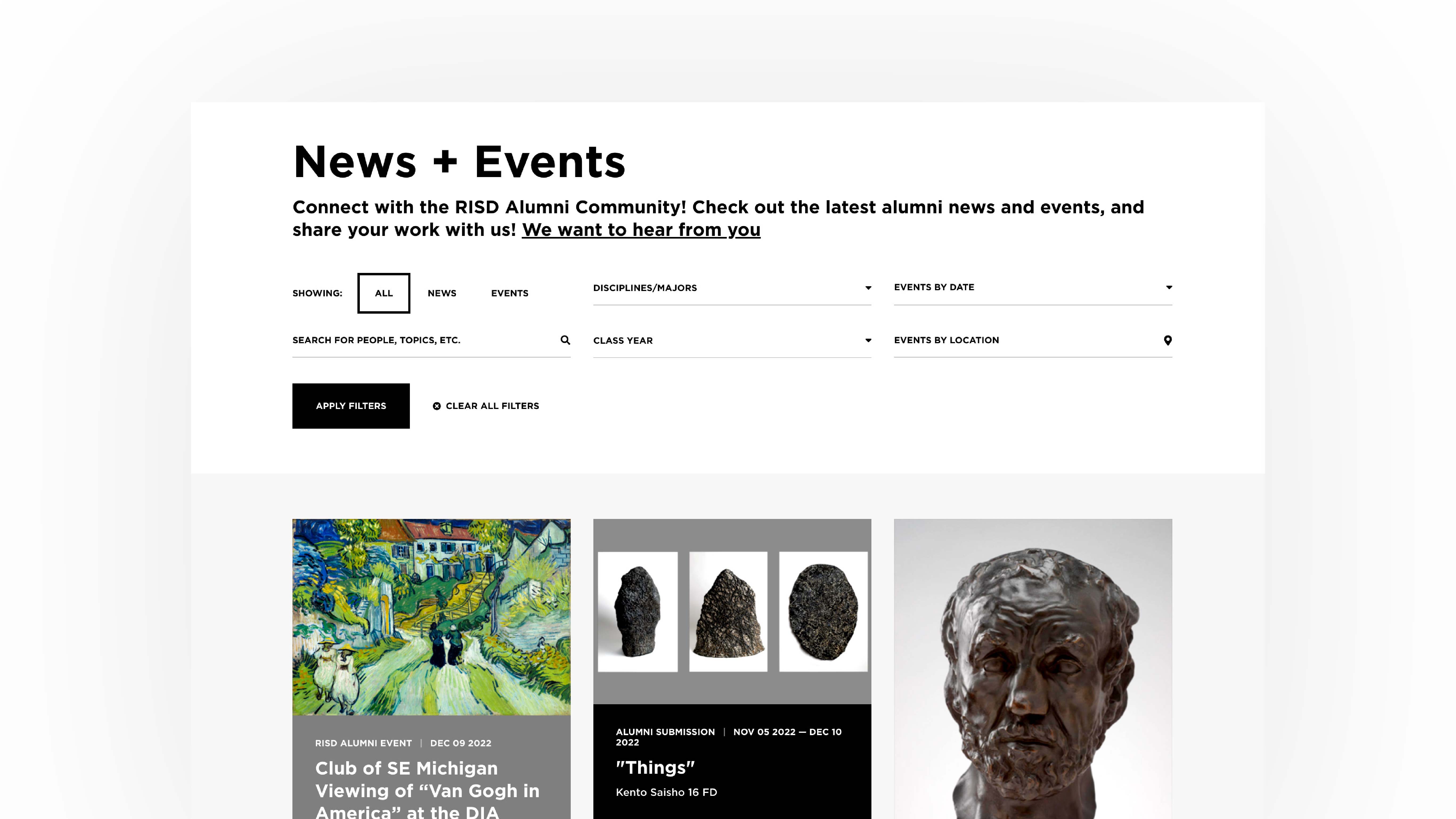 RISD Alumni website news + events page screenshot