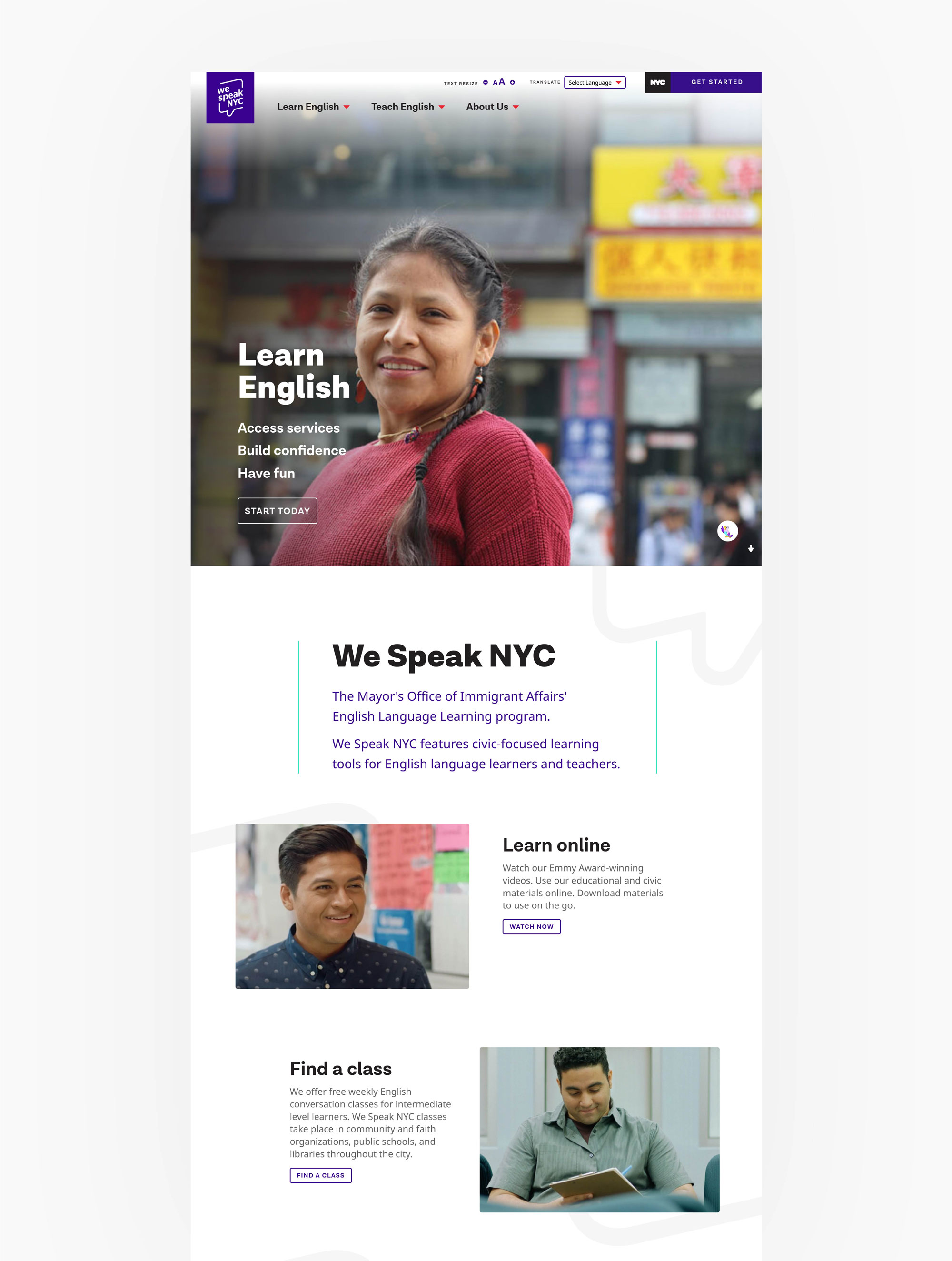 We Speak NYC website homepage screenshot