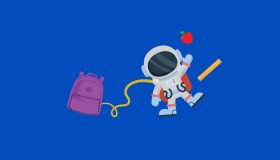 Illustration of a floating astronaut with a backpack, ruler, and an apple