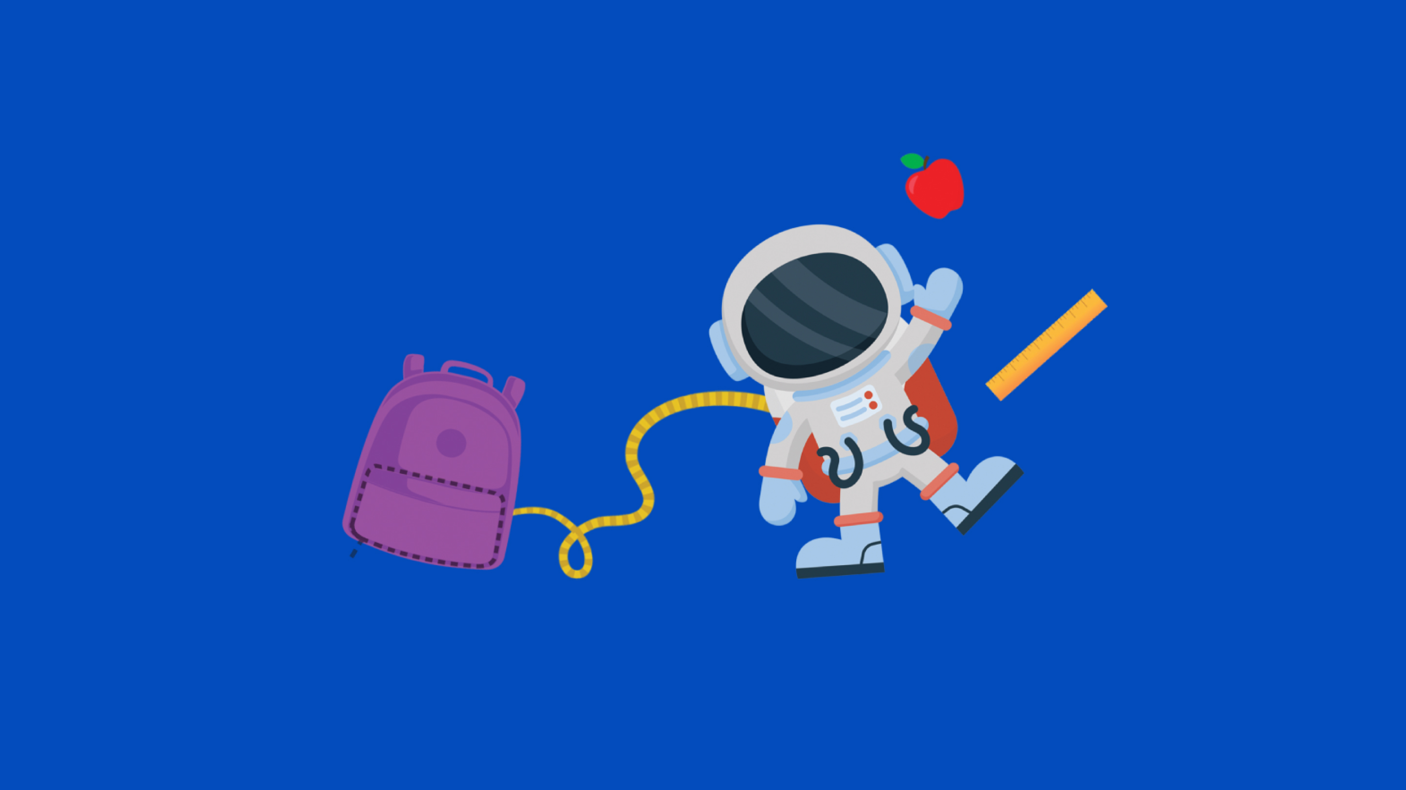 Illustration of a floating astronaut with a backpack, ruler, and an apple