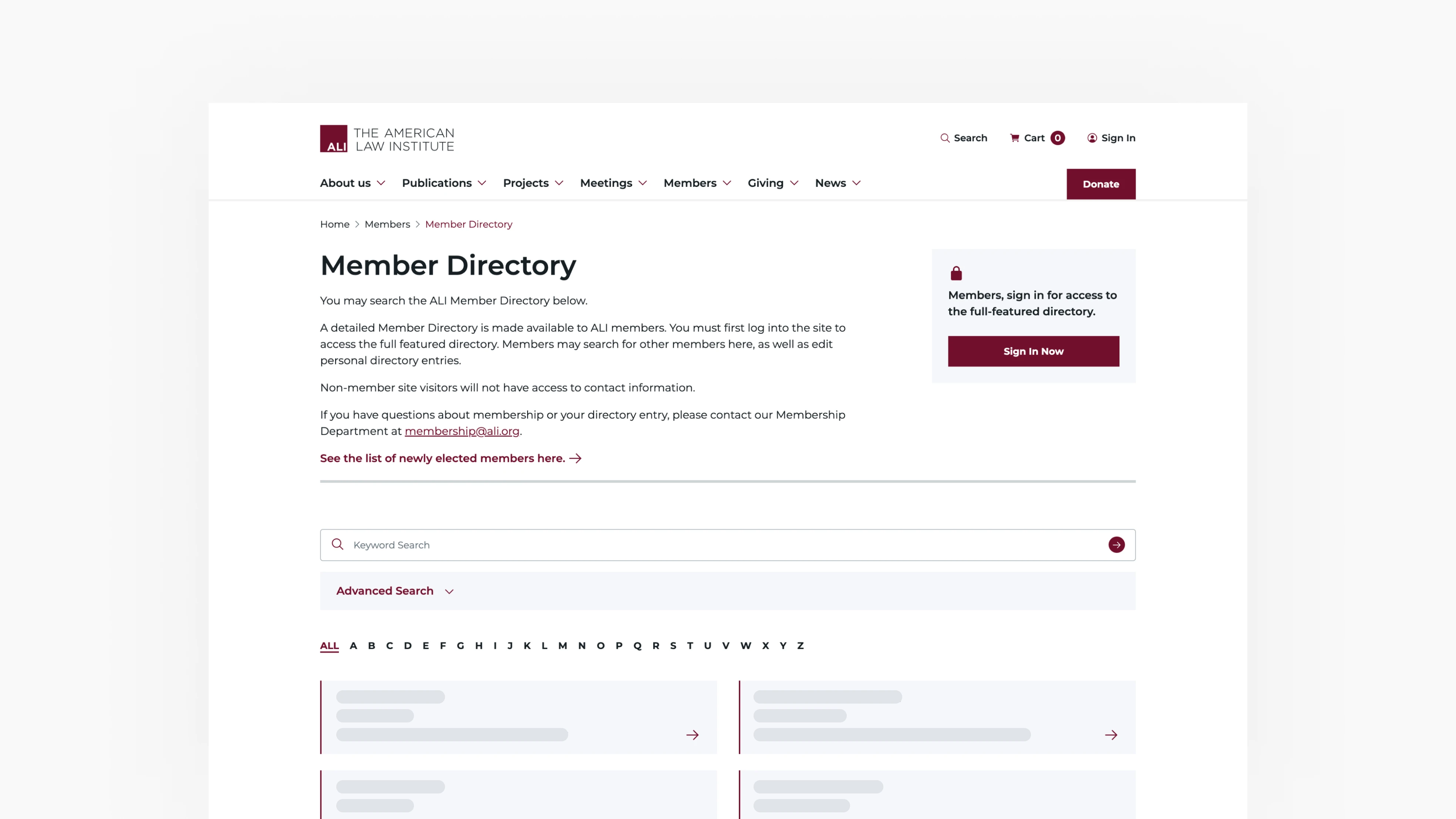 image of member directory landing page with redacted member information