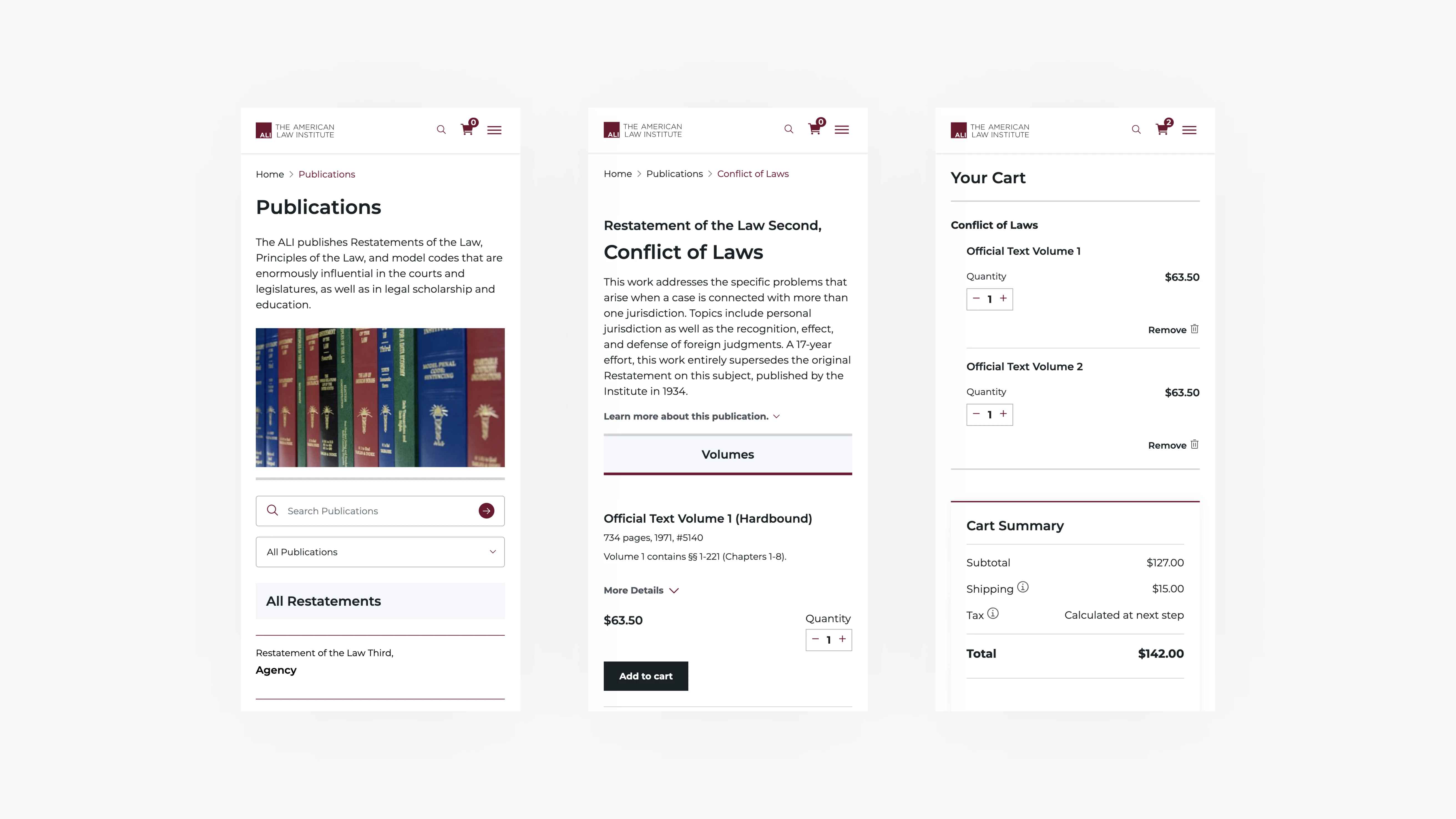 image of three mobile screens for publications landing page, detail page and cart summary