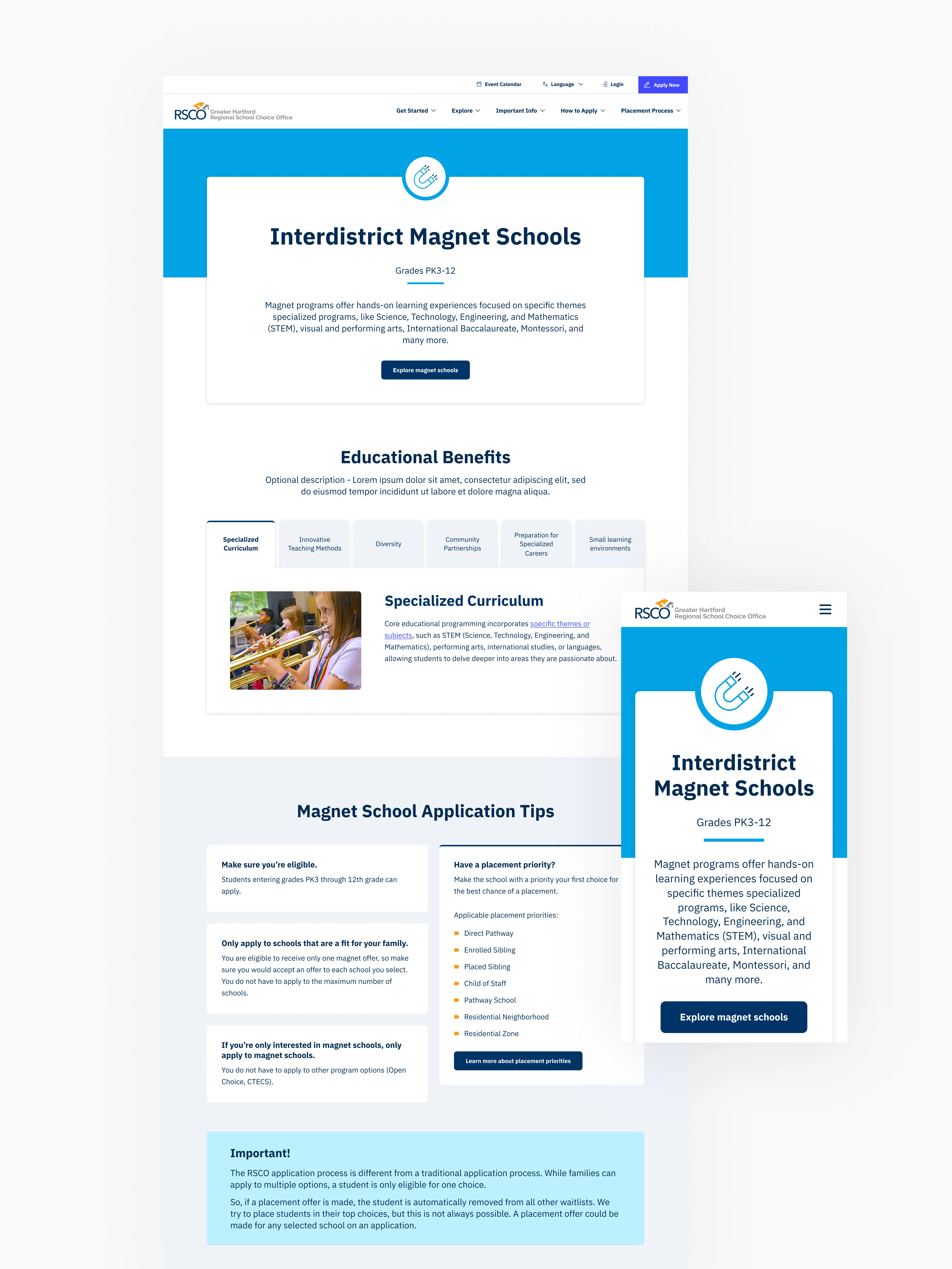 image of interdistrict magnet schools page on desktop and mobile