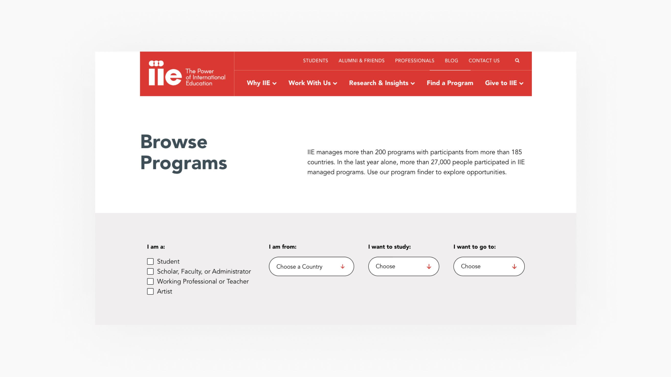 Institute of International Education website browse programs header screenshot