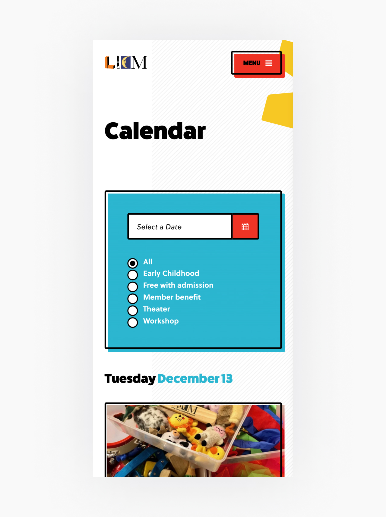 Long Island Children's Museum website calendar mobile screenshot