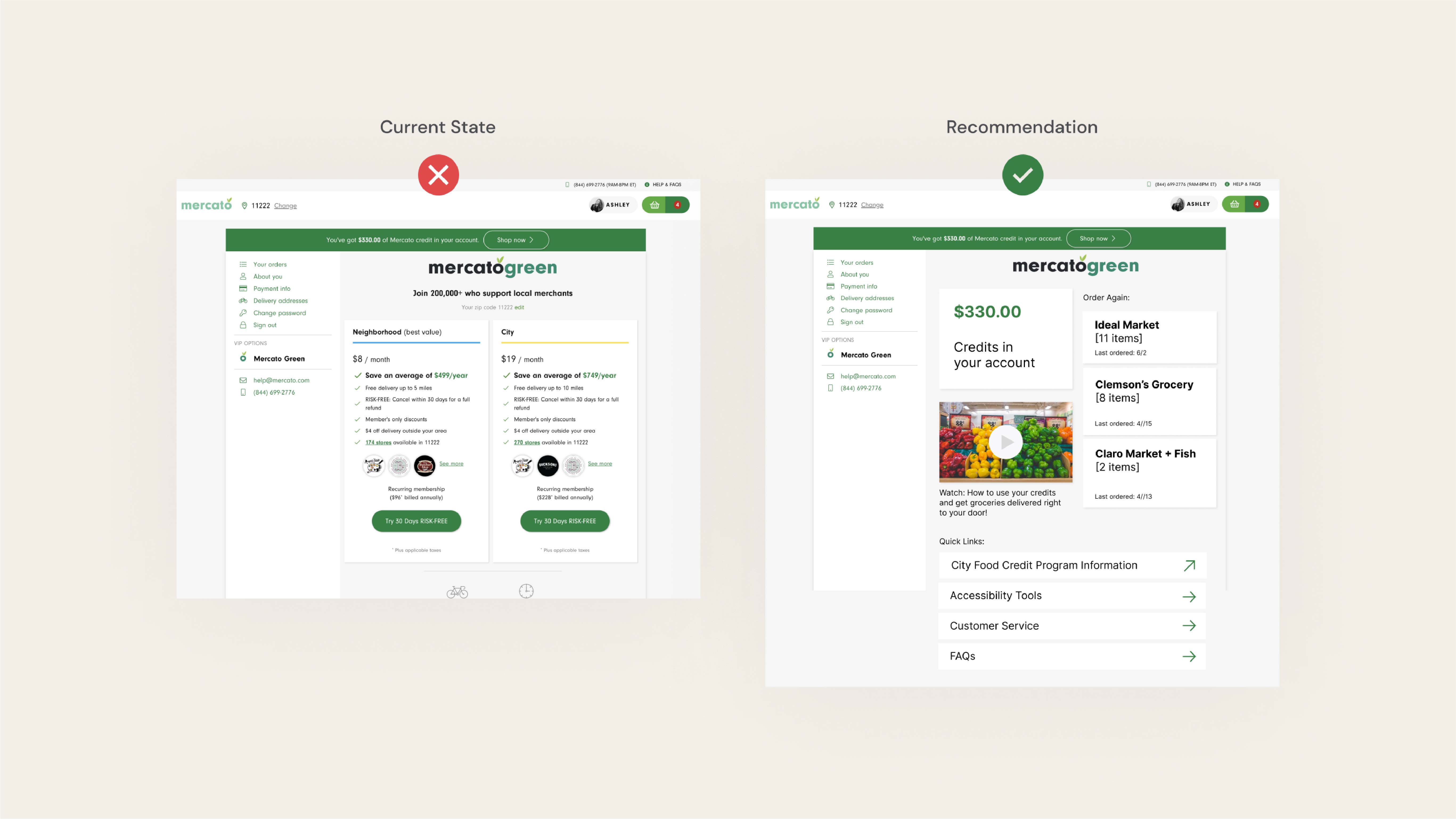 Mercato Groceries2Go website account comparison of current and recommended design layouts