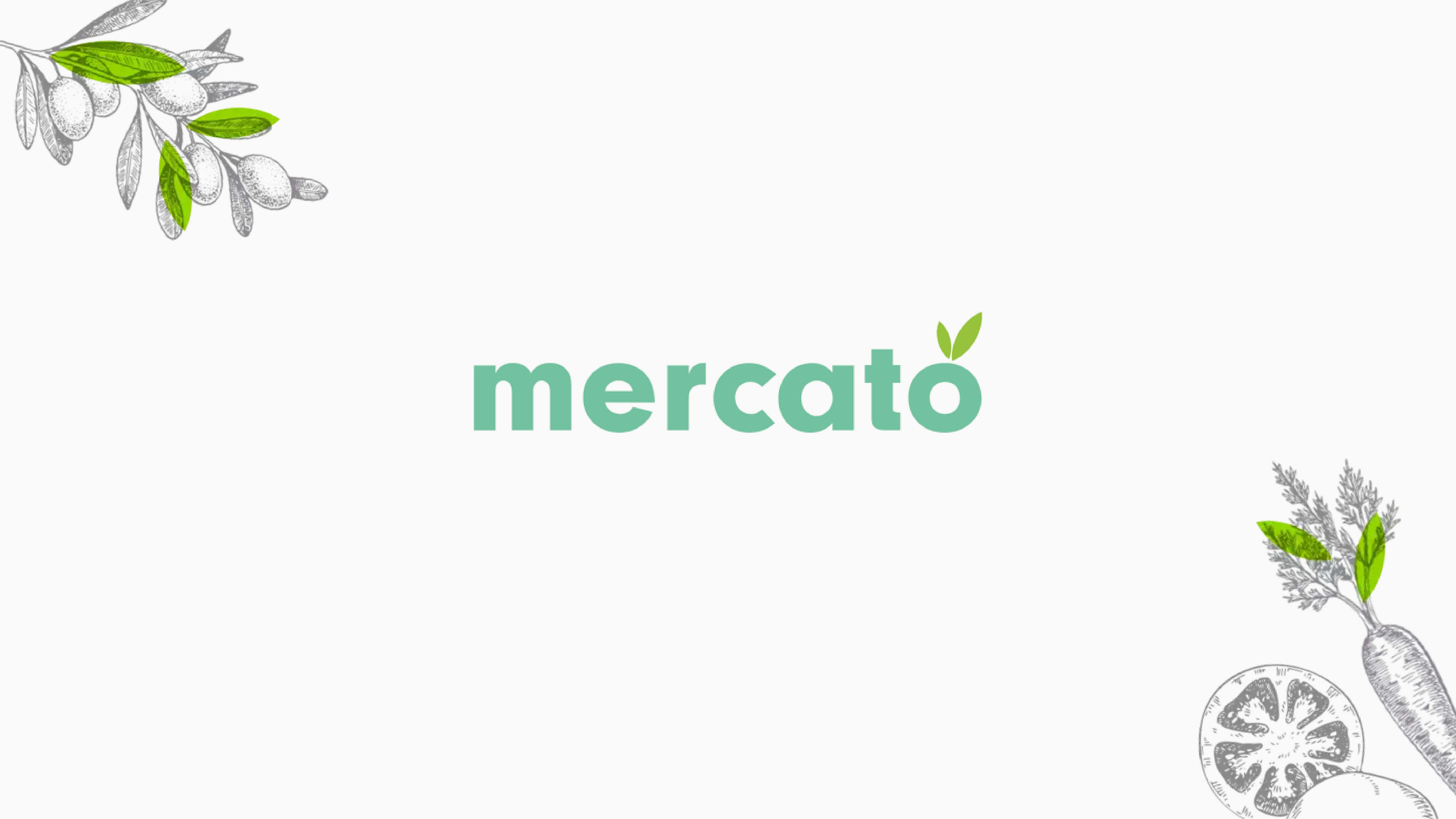 Mercato Groceries2Go logo paired with illustrations of an olive branch, carrot, and tomato
