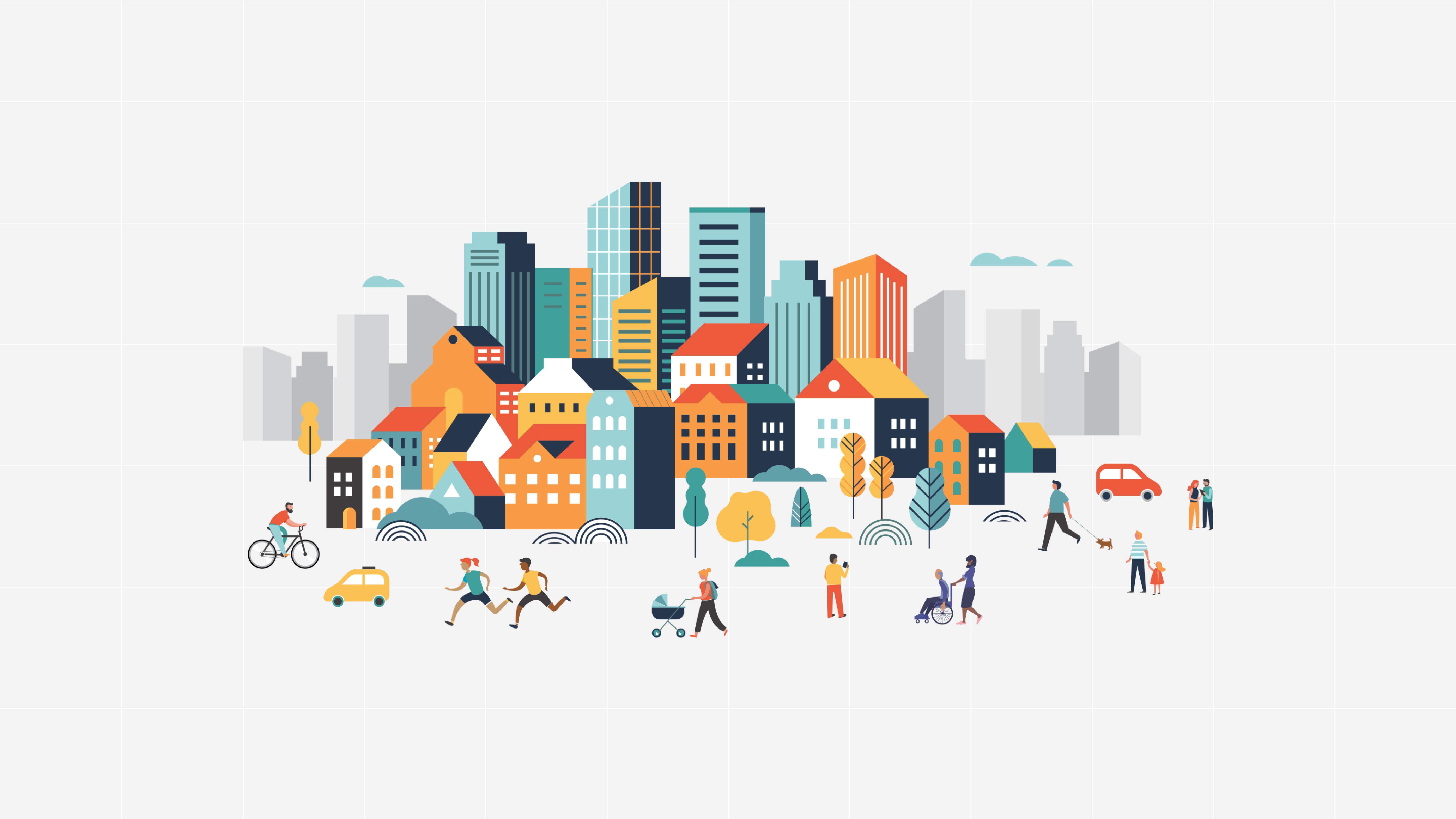 illustration of a city with people doing various activities outdoors
