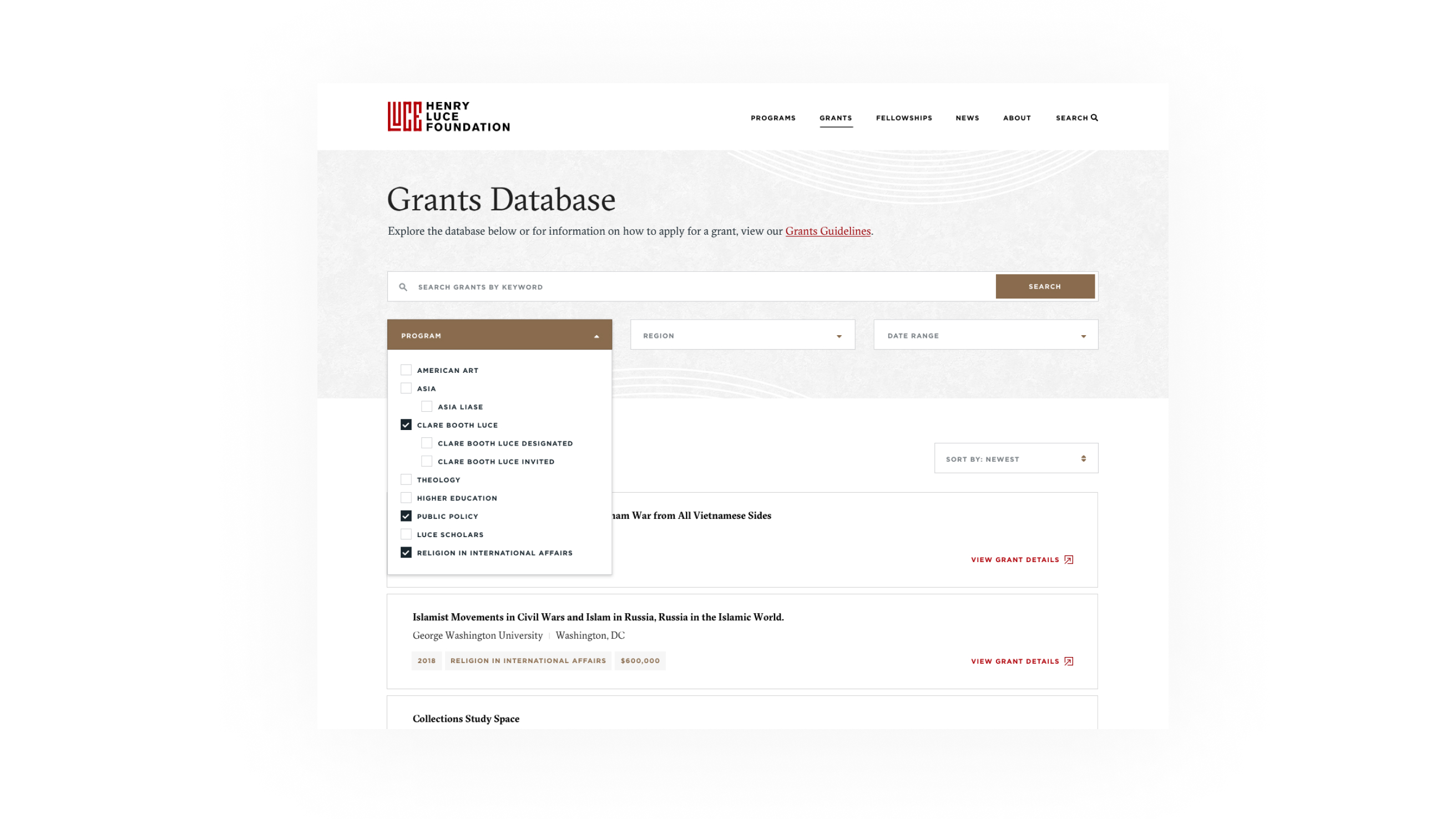 Henry Luce Foundation website grants database screenshot