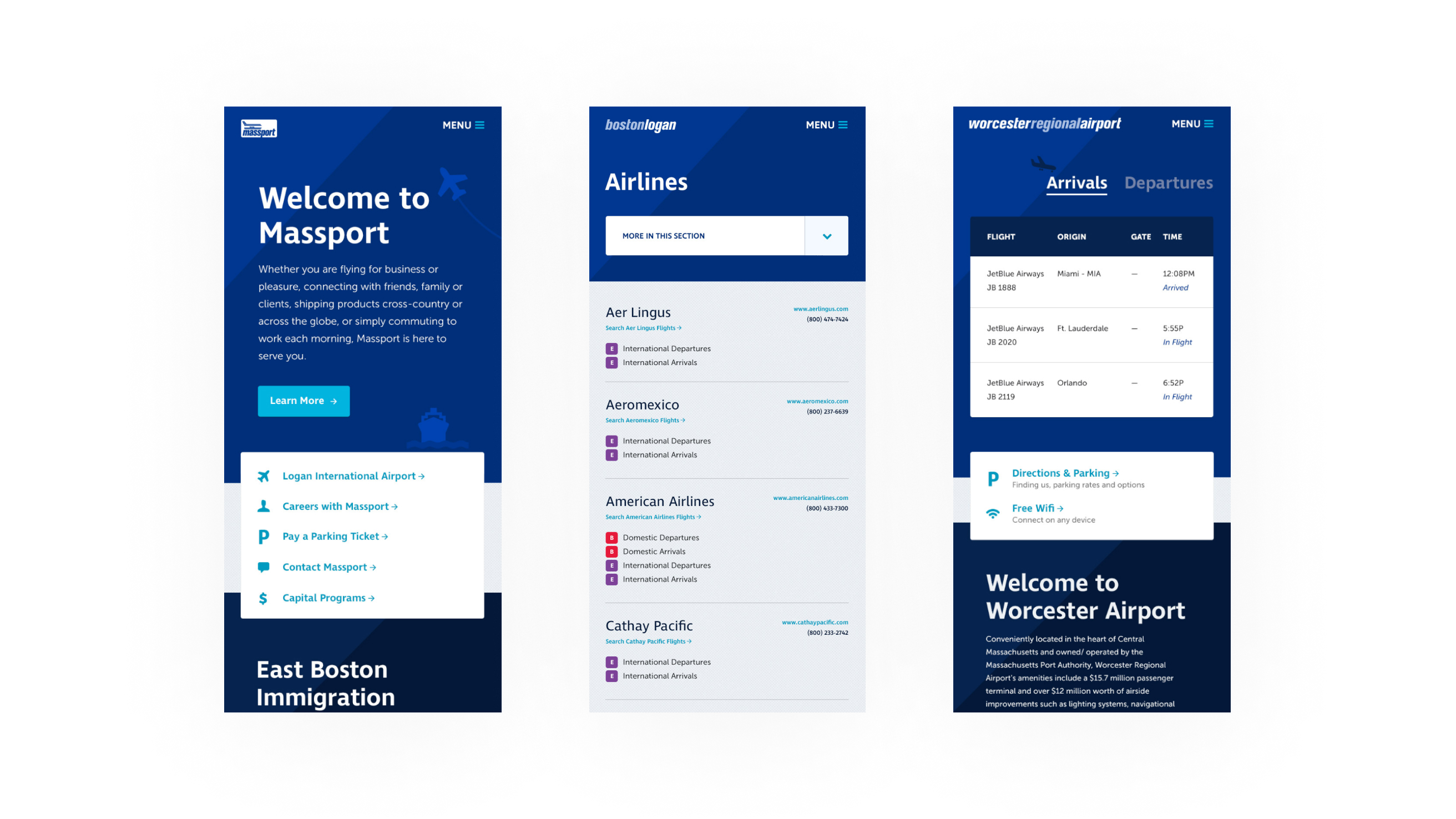 3 mobile screens from the Massport site