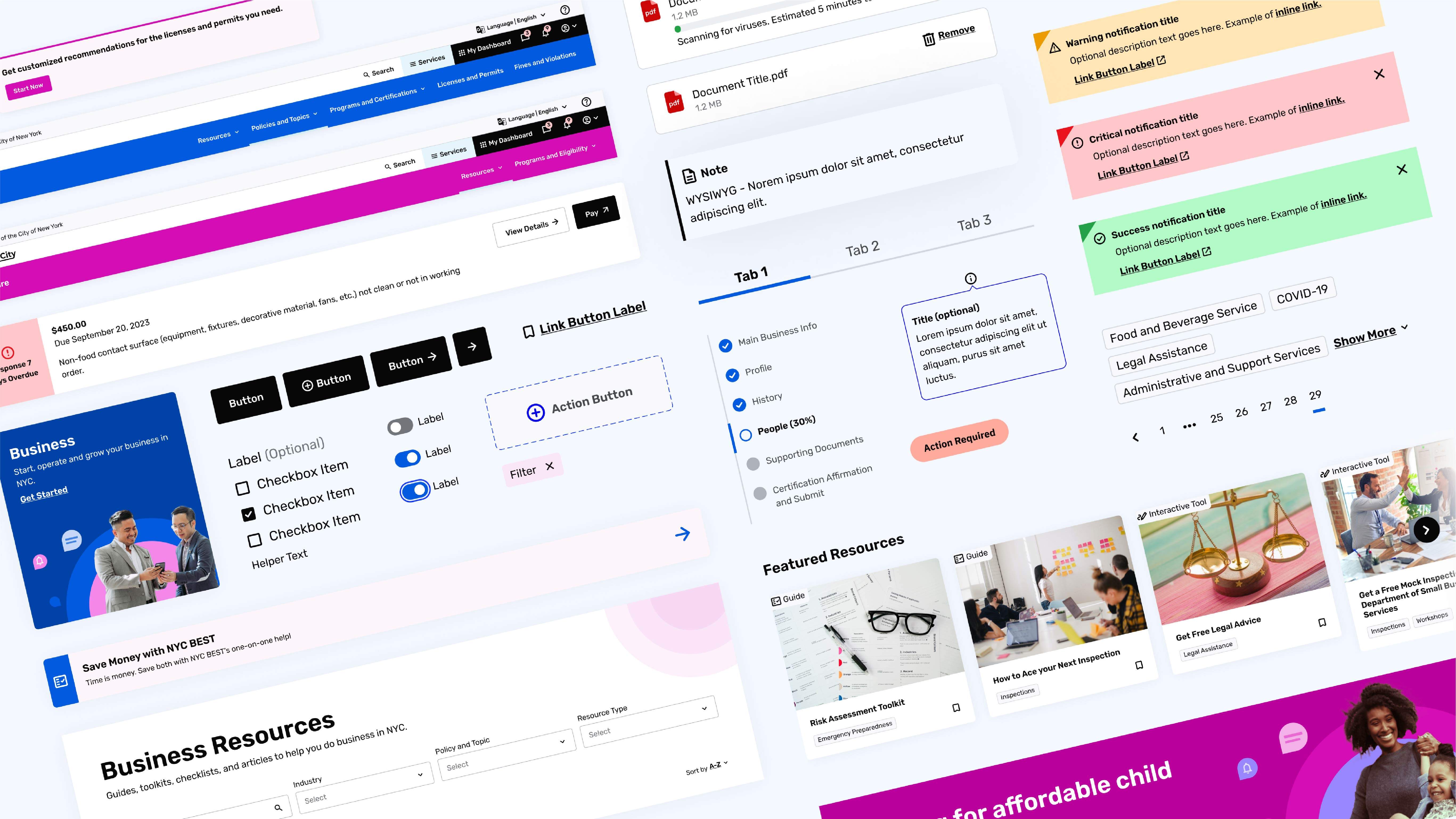 Elements of the design system, such as button styles, navigation headers, tabs, help text, and tiles.